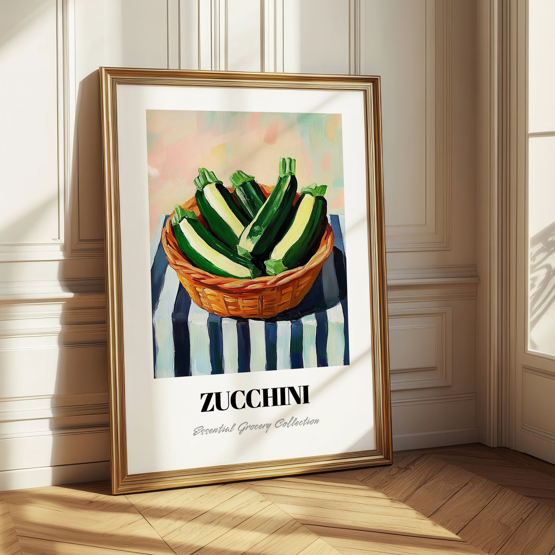 Zucchini – on Striped Tablecloth, Vegetable Poster