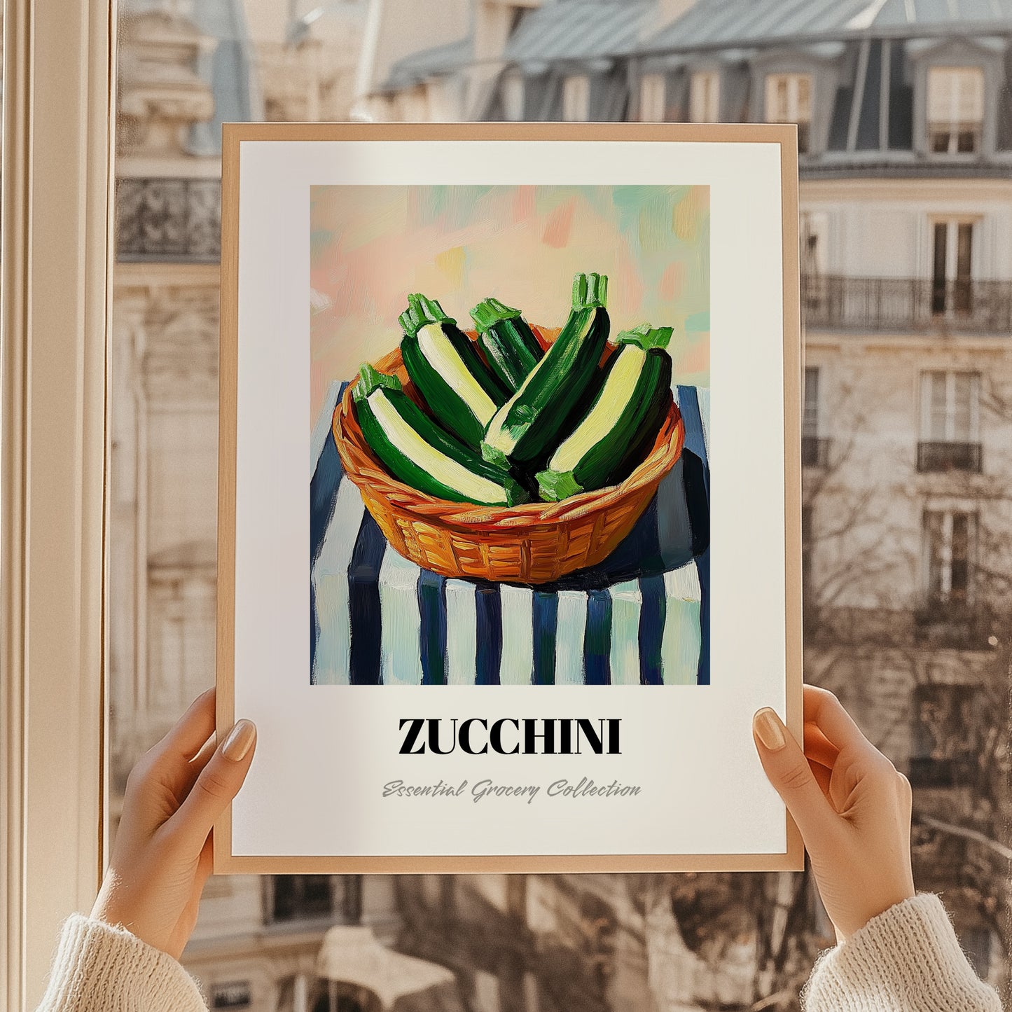 Zucchini – on Striped Tablecloth, Vegetable Poster, styled in a charming Paris street view
