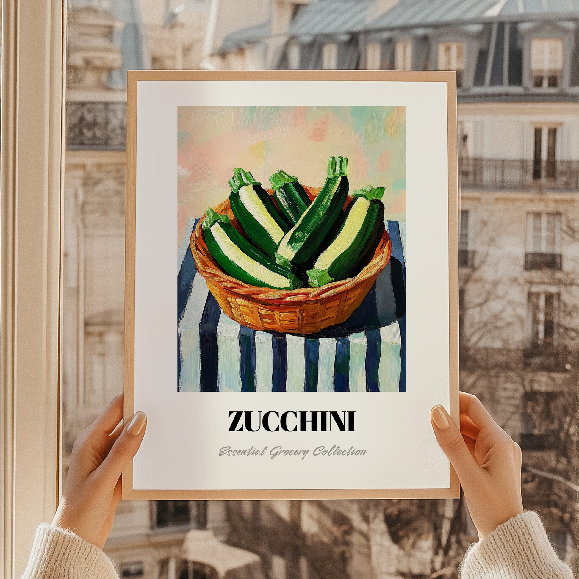 Zucchini – on Striped Tablecloth, Vegetable Poster, styled in a charming Paris street view
