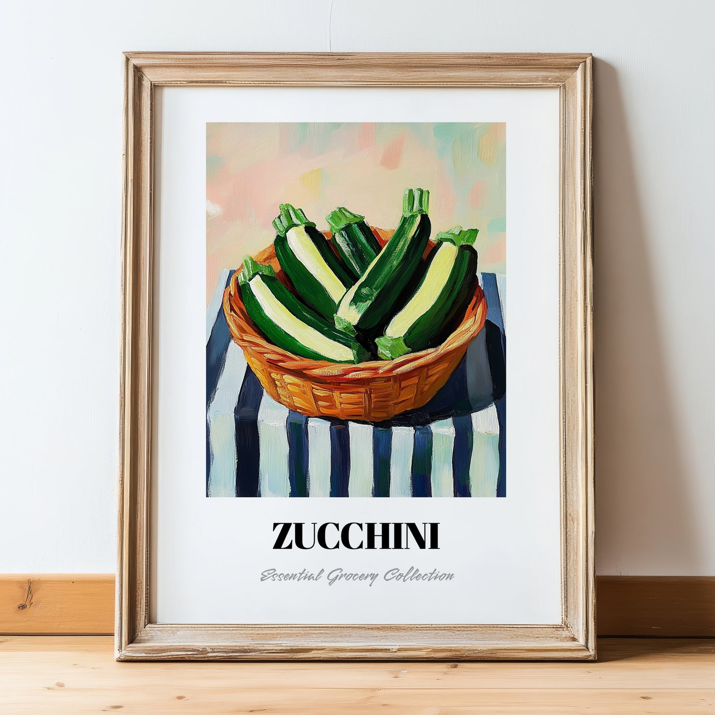 Zucchini – on Striped Tablecloth, Vegetable Poster, in wooden frame leaning on the floor