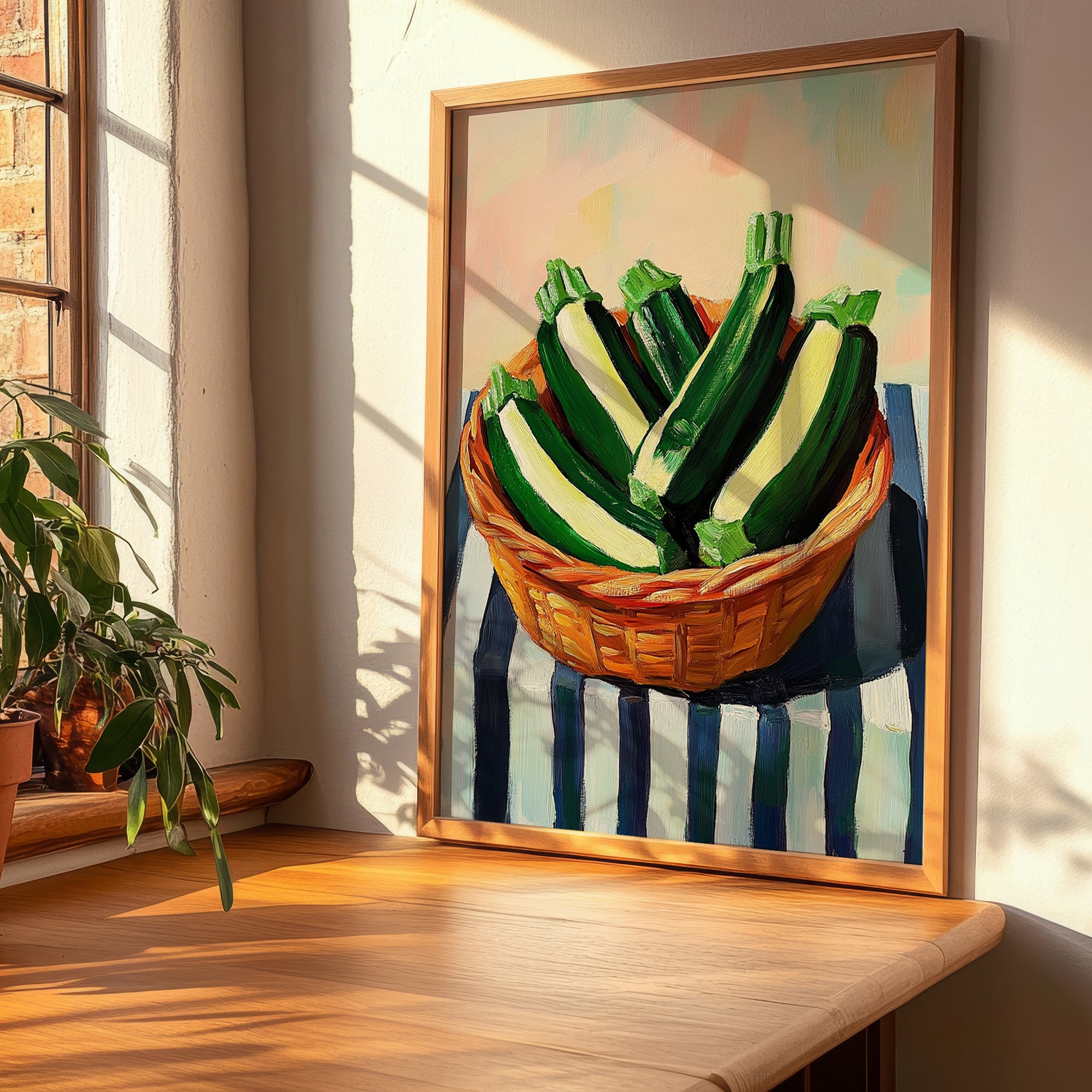 Zucchini – on Striped Tablecloth, Vegetable Poster, clean layout with no caption