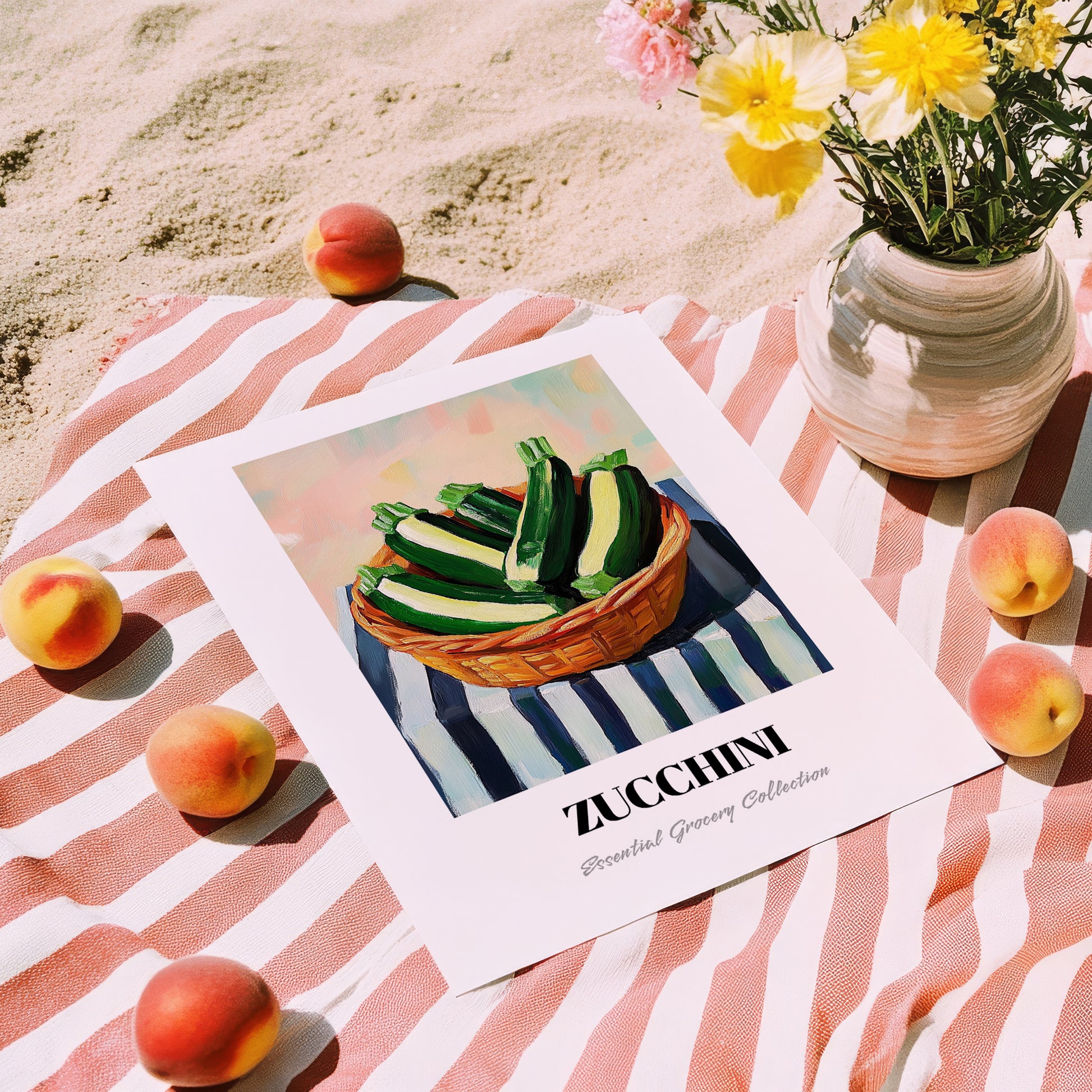 Zucchini – on Striped Tablecloth, Vegetable Poster, unframed on coastal sand