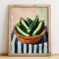 Zucchini – on Striped Tablecloth, Vegetable Poster, no-text version framed in wood