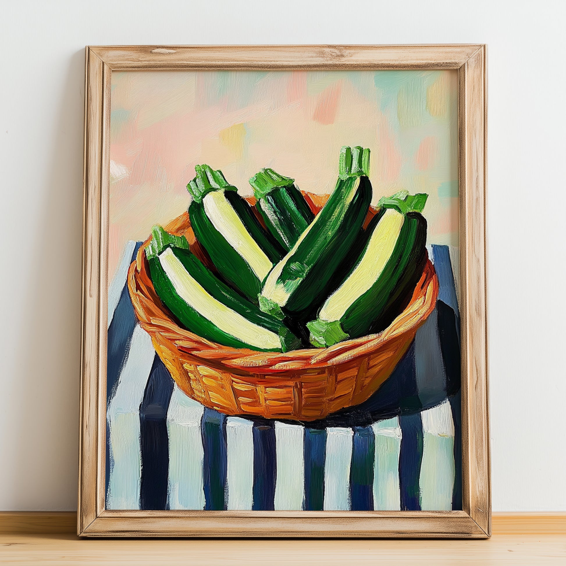 Zucchini – on Striped Tablecloth, Vegetable Poster, no-text version framed in wood