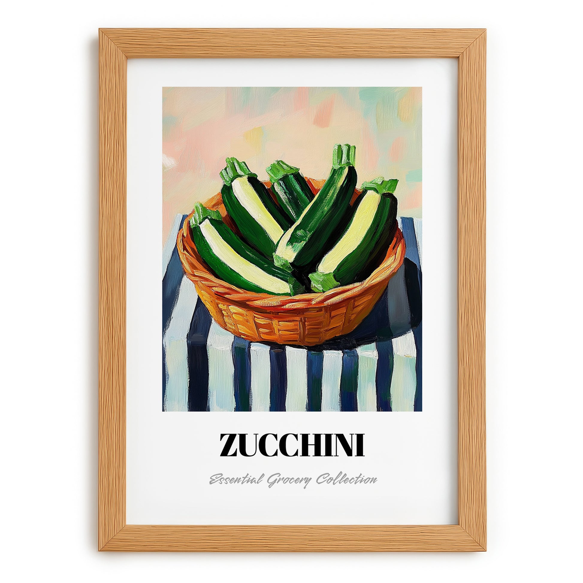 Zucchini – on Striped Tablecloth, Vegetable Poster, set in oak frame