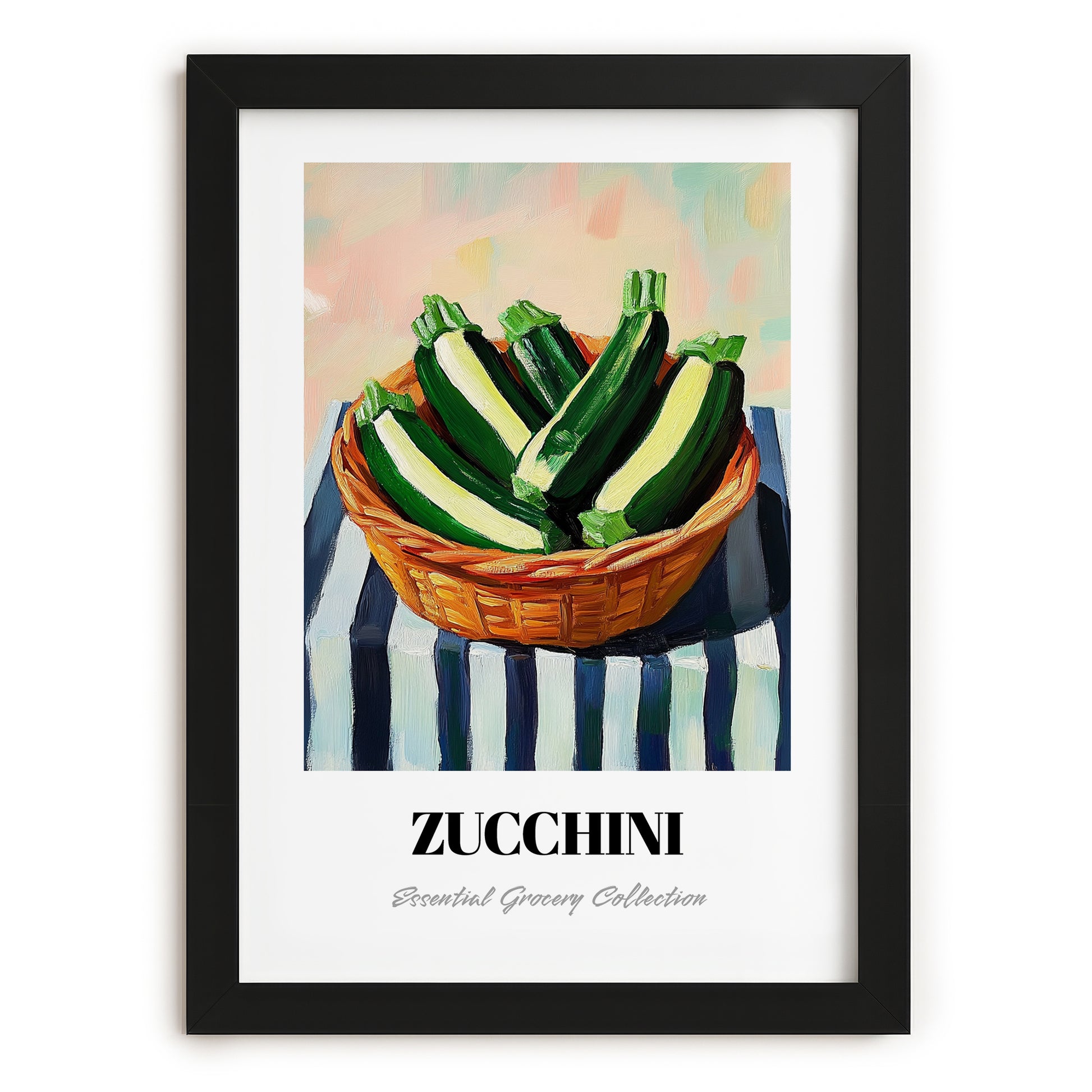 Zucchini – on Striped Tablecloth, Vegetable Poster, in sleek black frame