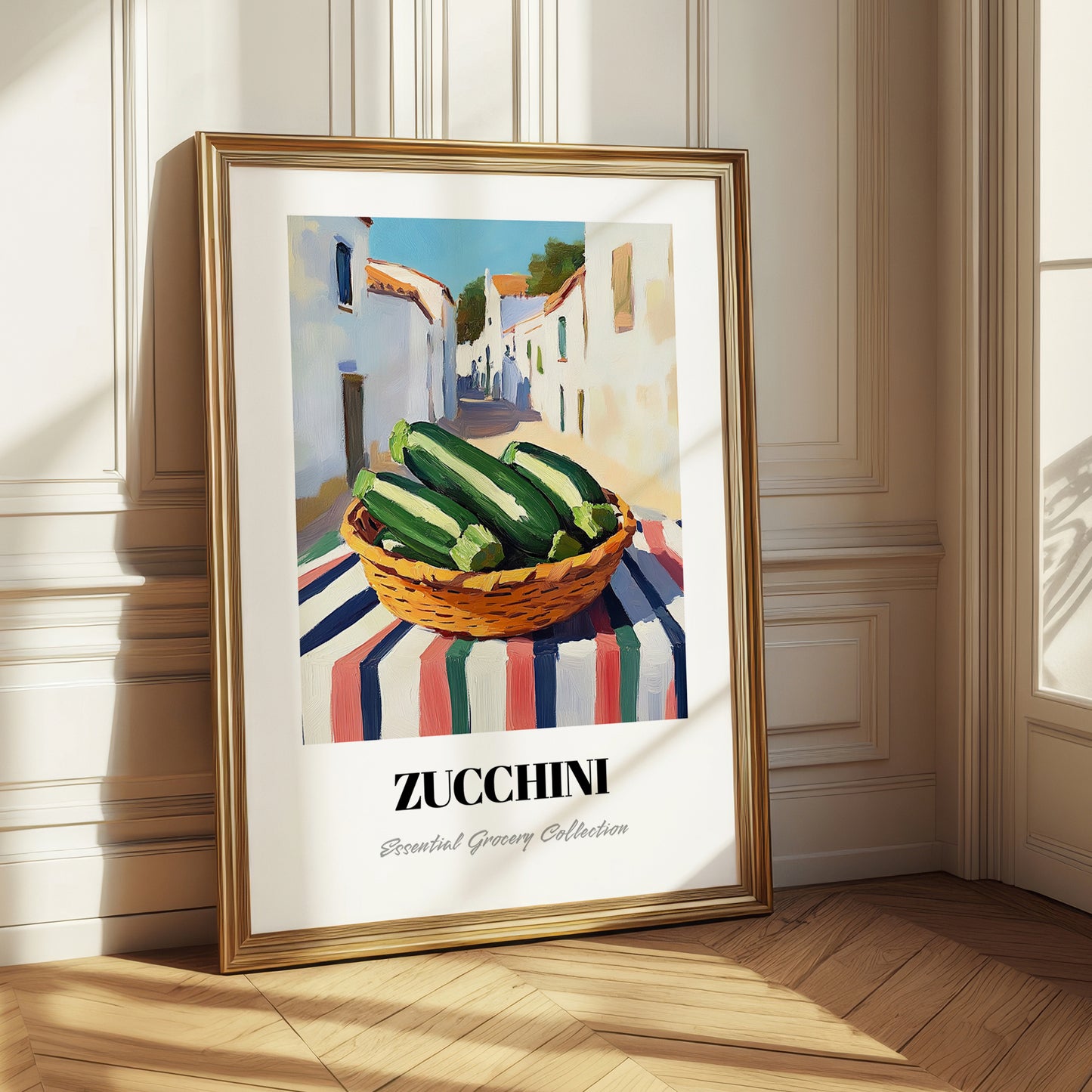 Zucchini – White village Urban Café Scene, Vegetable Wall Painting