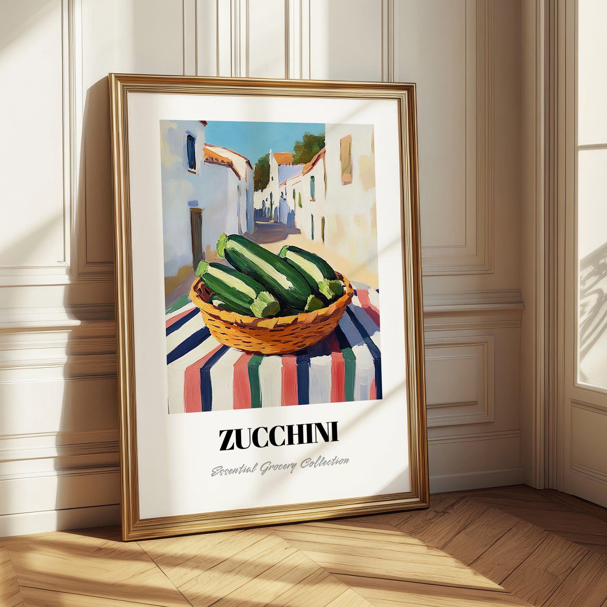 Zucchini – White village Urban Café Scene, Vegetable Wall Painting