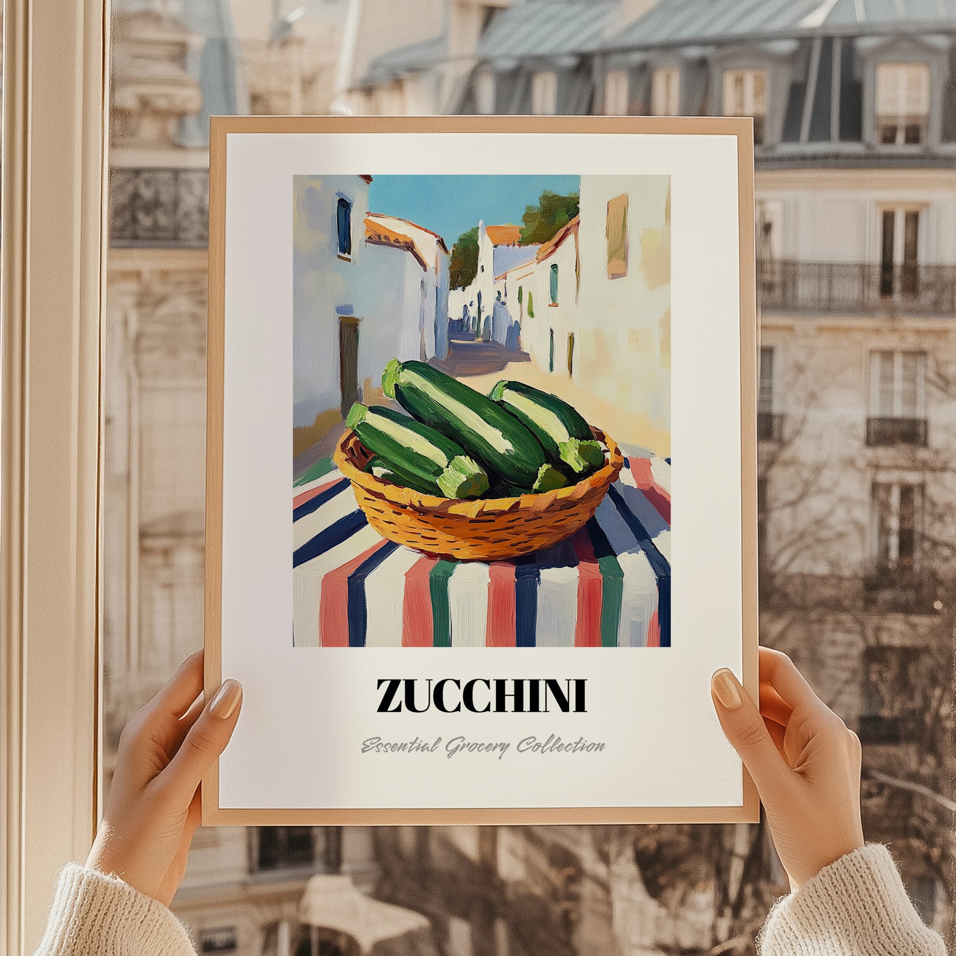 Zucchini – White village Urban Café Scene, Vegetable Wall Painting, styled in a charming Paris street view