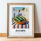 Zucchini – White village Urban Café Scene, Vegetable Wall Painting, in wooden frame leaning on the floor