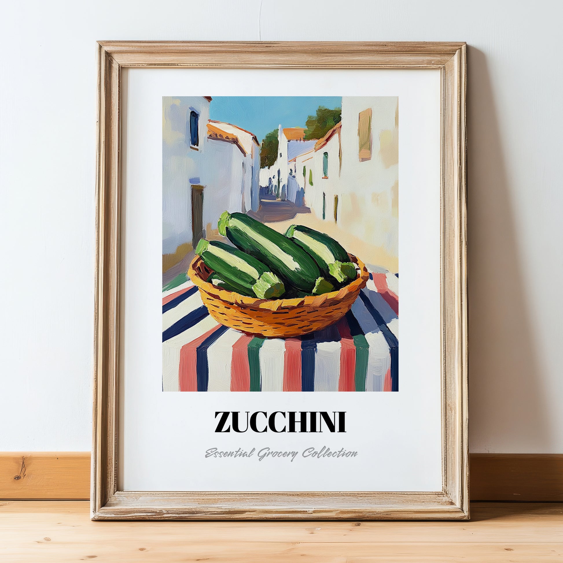 Zucchini – White village Urban Café Scene, Vegetable Wall Painting, in wooden frame leaning on the floor