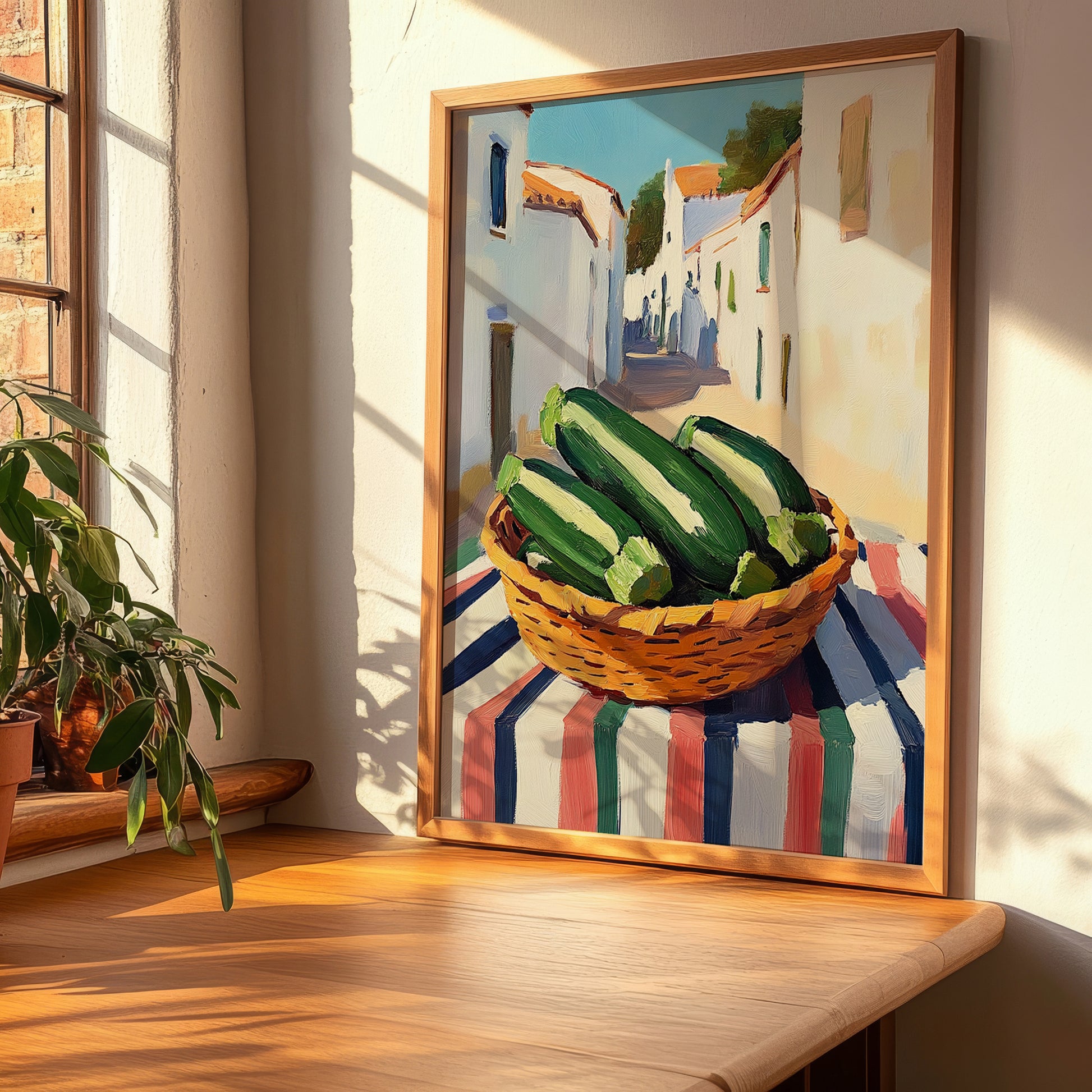 Zucchini – White village Urban Café Scene, Vegetable Wall Painting, clean layout with no caption