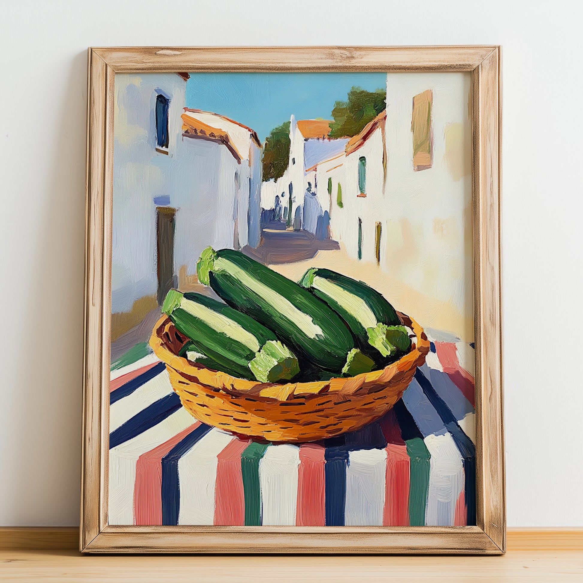 Zucchini – White village Urban Café Scene, Vegetable Wall Painting, no-text version framed in wood