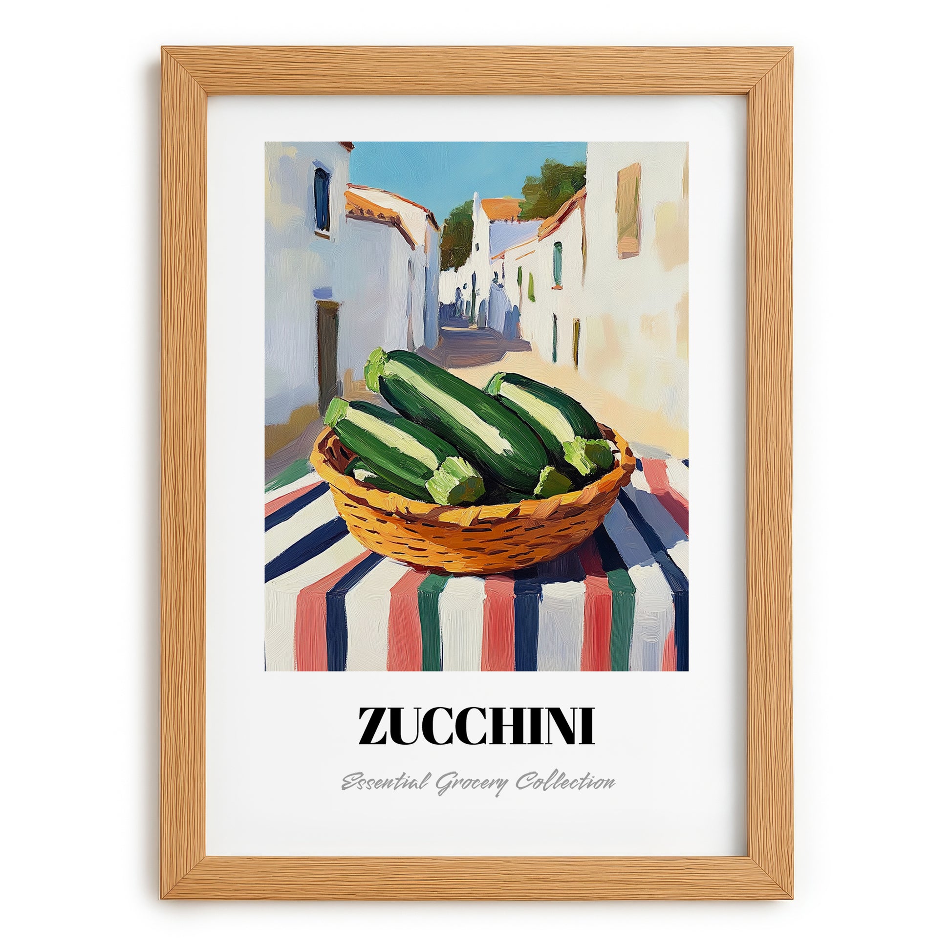 Zucchini – White village Urban Café Scene, Vegetable Wall Painting, set in oak frame