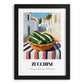 Zucchini – White village Urban Café Scene, Vegetable Wall Painting, in sleek black frame