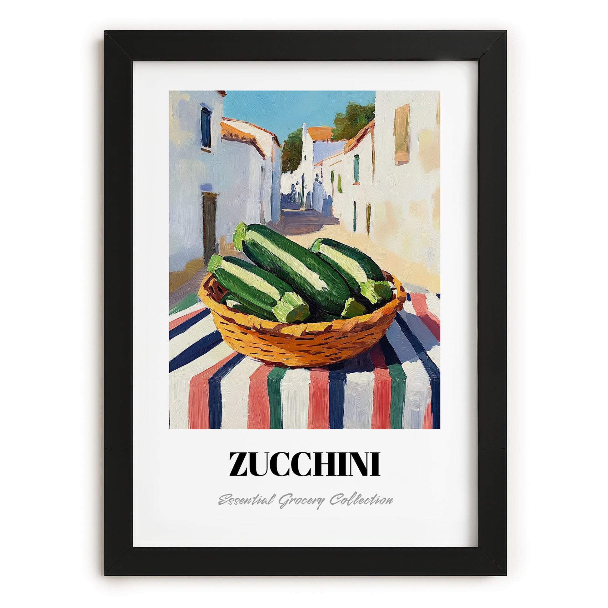 Zucchini – White village Urban Café Scene, Vegetable Wall Painting, in sleek black frame