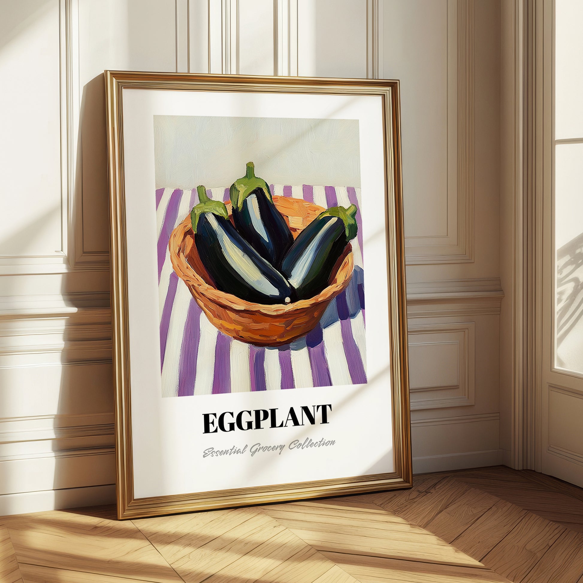 Eggplant – on Striped Tablecloth, Vegetable Art