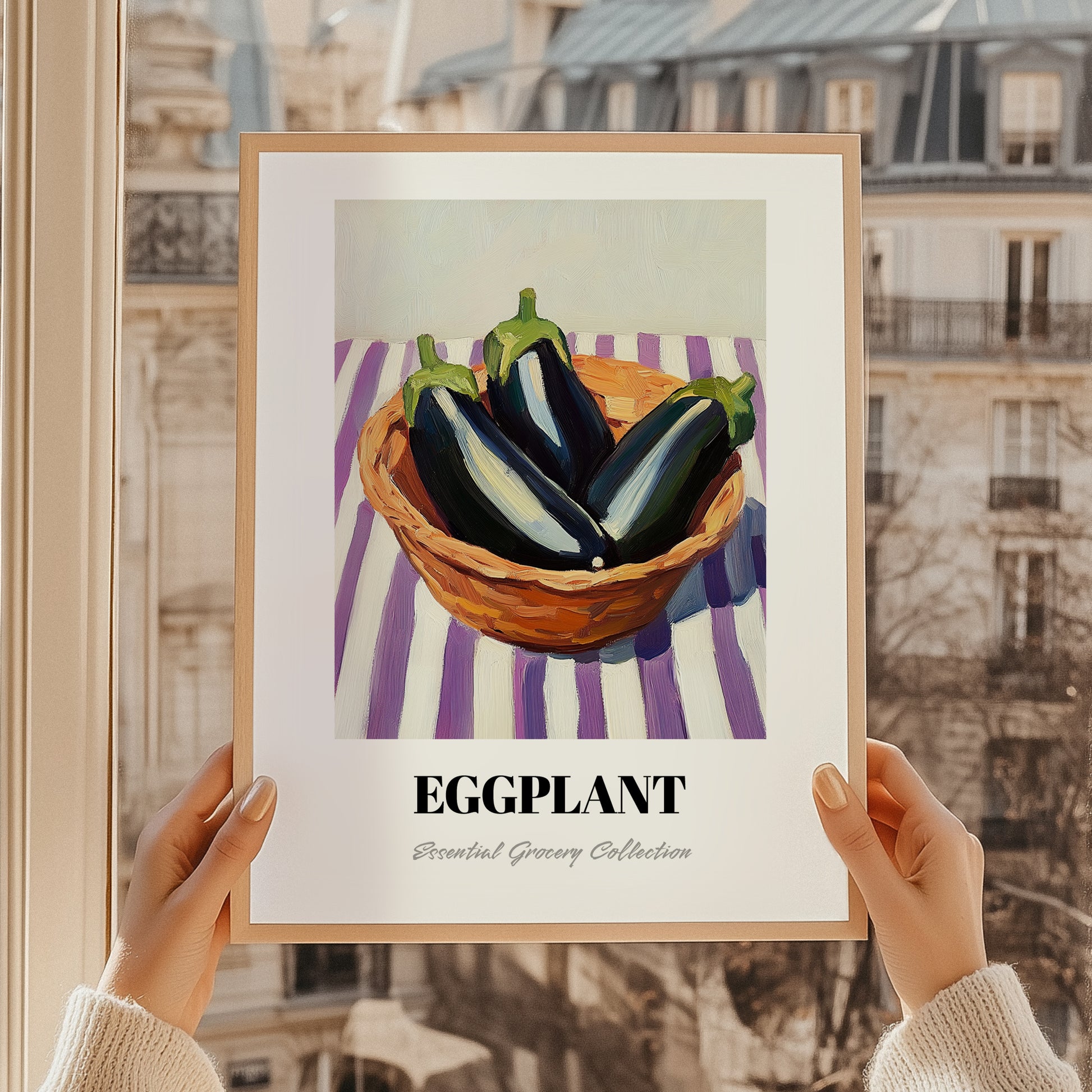 Eggplant – on Striped Tablecloth, Vegetable Art, styled in a charming Paris street view