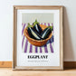 Eggplant – on Striped Tablecloth, Vegetable Art, in wooden frame leaning on the floor