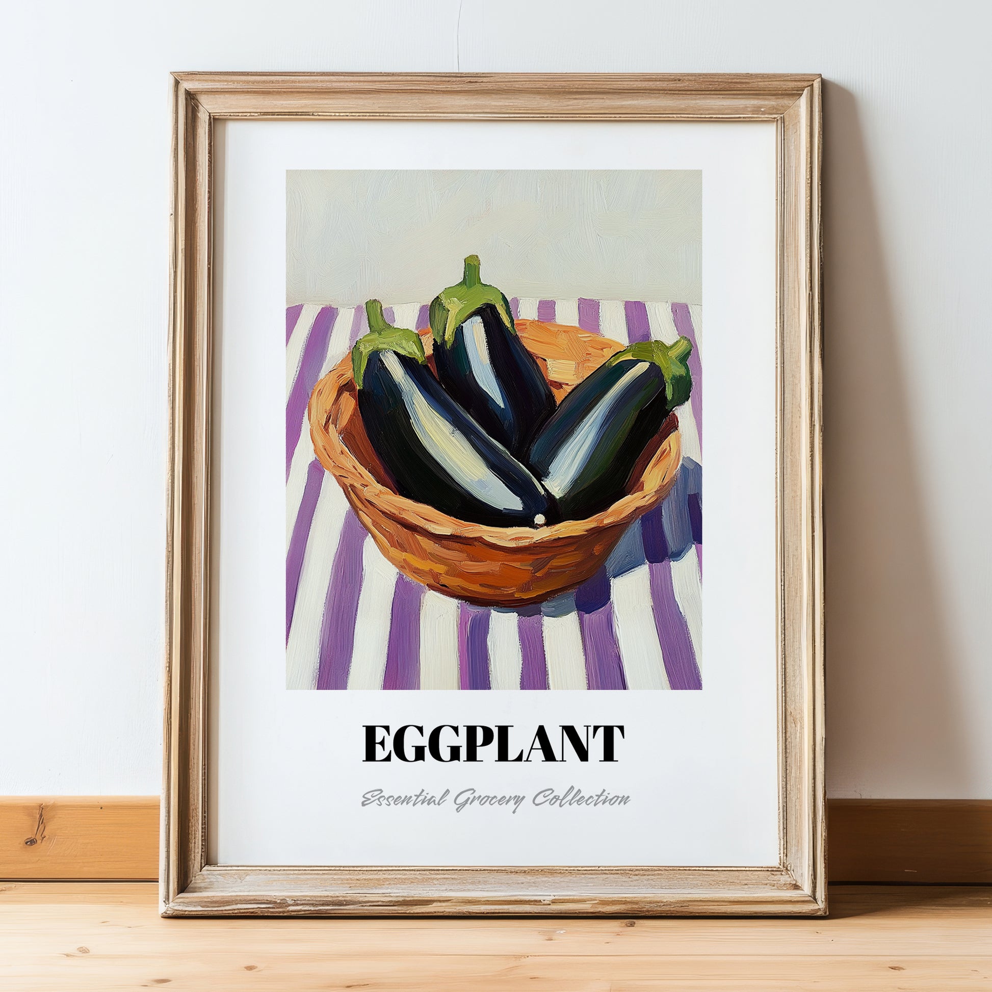 Eggplant – on Striped Tablecloth, Vegetable Art, in wooden frame leaning on the floor