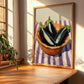 Eggplant – on Striped Tablecloth, Vegetable Art, clean layout with no caption