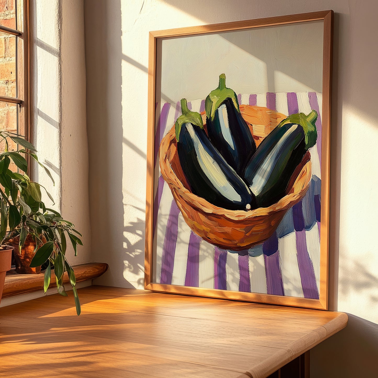 Eggplant – on Striped Tablecloth, Vegetable Art, clean layout with no caption