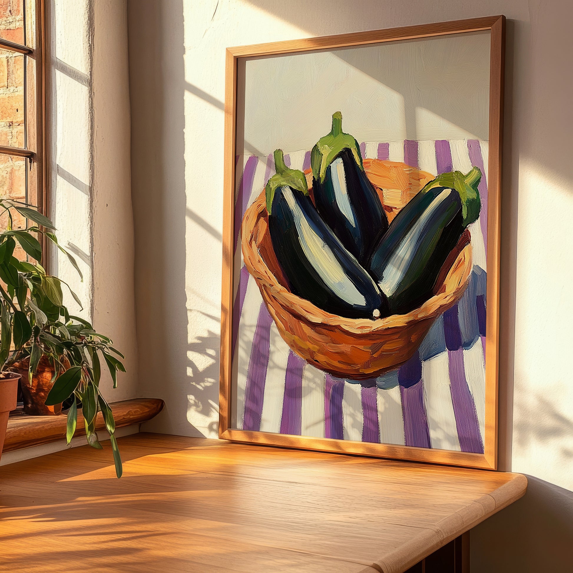 Eggplant – on Striped Tablecloth, Vegetable Art, clean layout with no caption