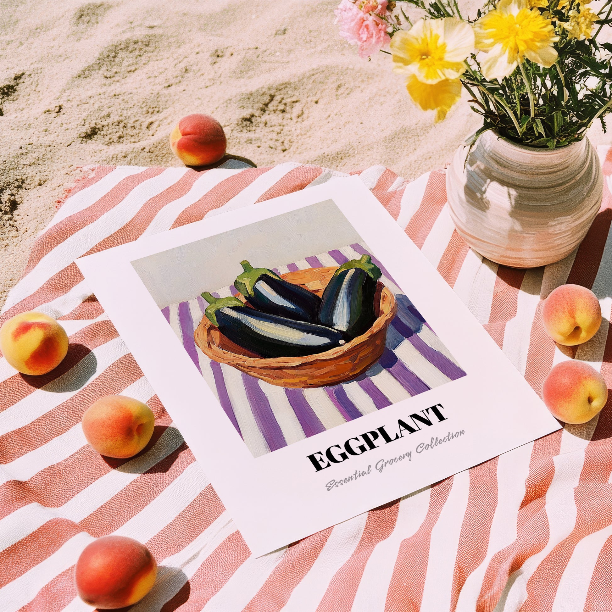 Eggplant – on Striped Tablecloth, Vegetable Art, unframed on coastal sand