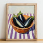 Eggplant – on Striped Tablecloth, Vegetable Art, no-text version framed in wood