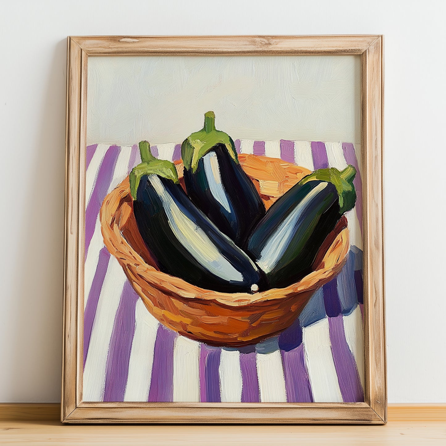 Eggplant – on Striped Tablecloth, Vegetable Art, no-text version framed in wood
