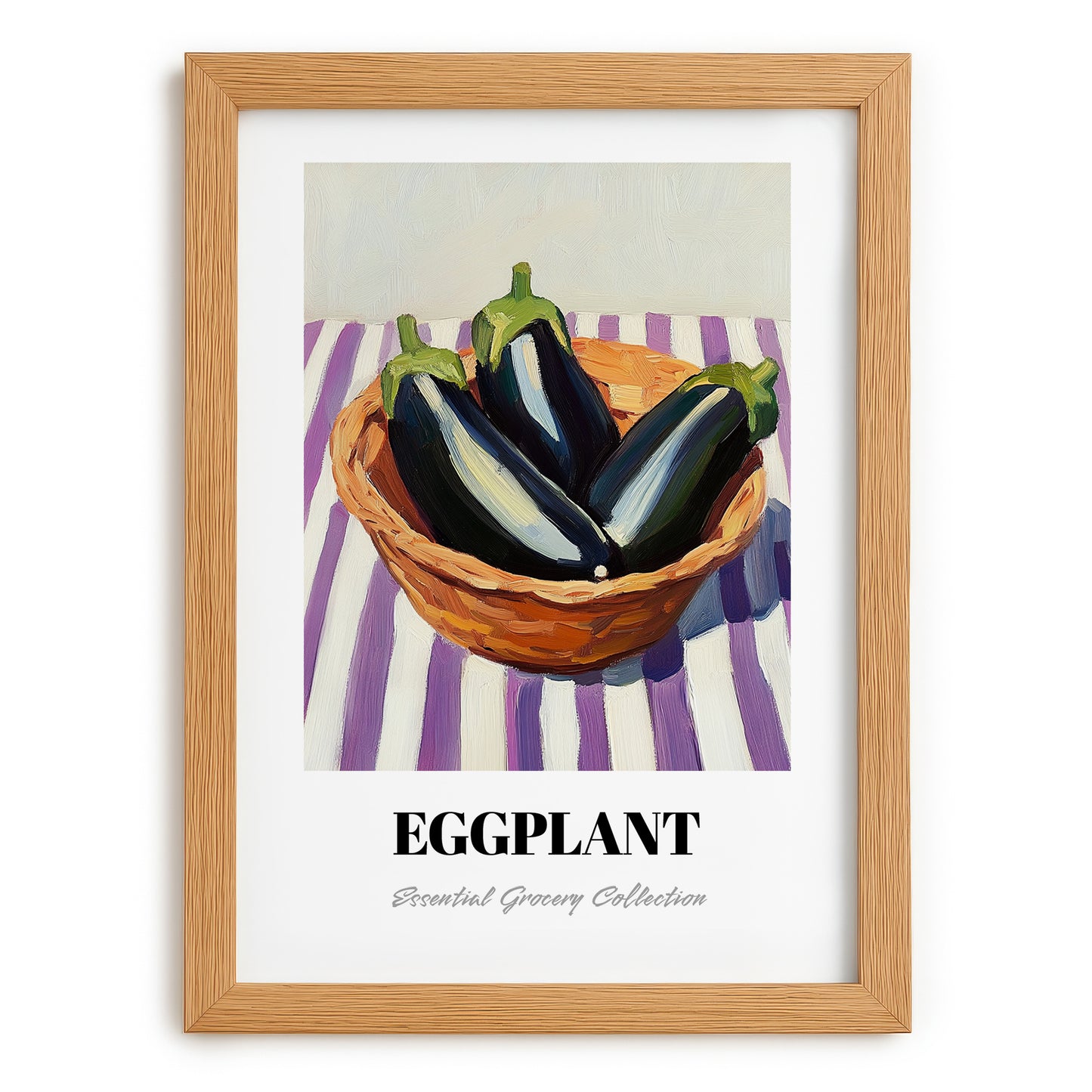 Eggplant – on Striped Tablecloth, Vegetable Art, set in oak frame