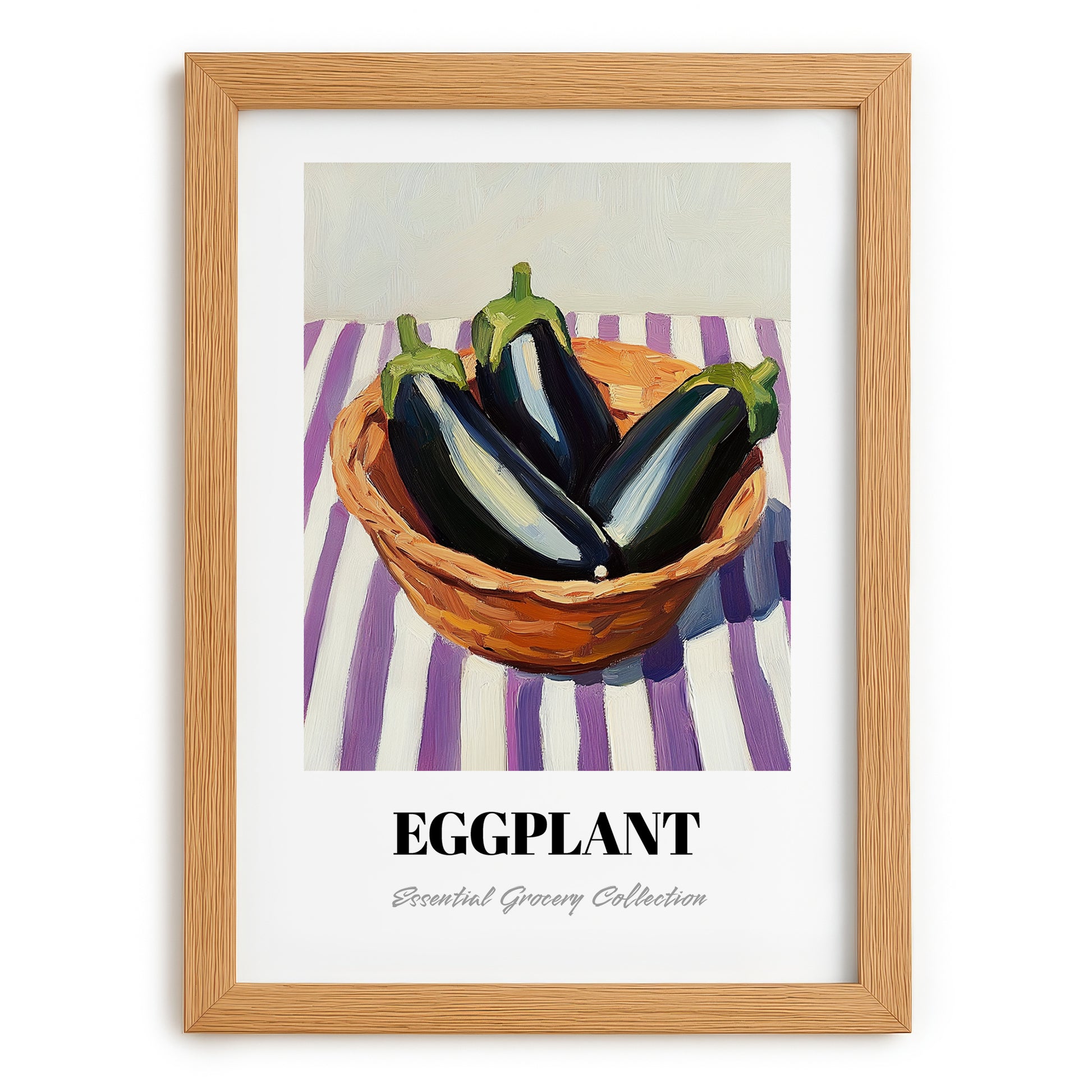 Eggplant – on Striped Tablecloth, Vegetable Art, set in oak frame