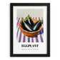 Eggplant – on Striped Tablecloth, Vegetable Art, in sleek black frame