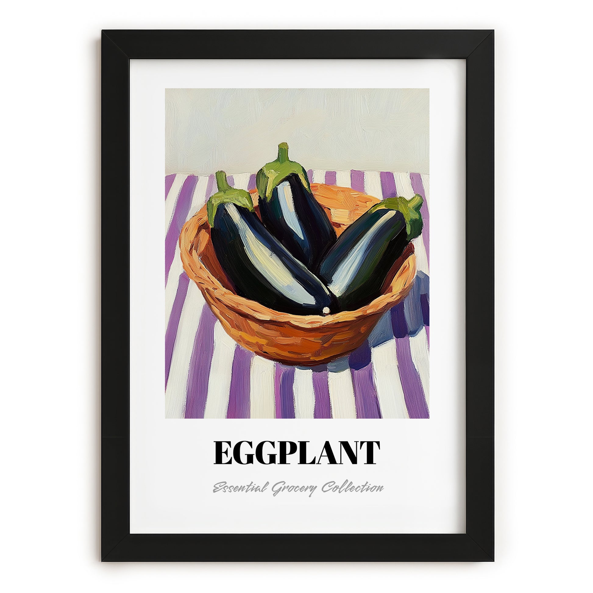 Eggplant – on Striped Tablecloth, Vegetable Art, in sleek black frame