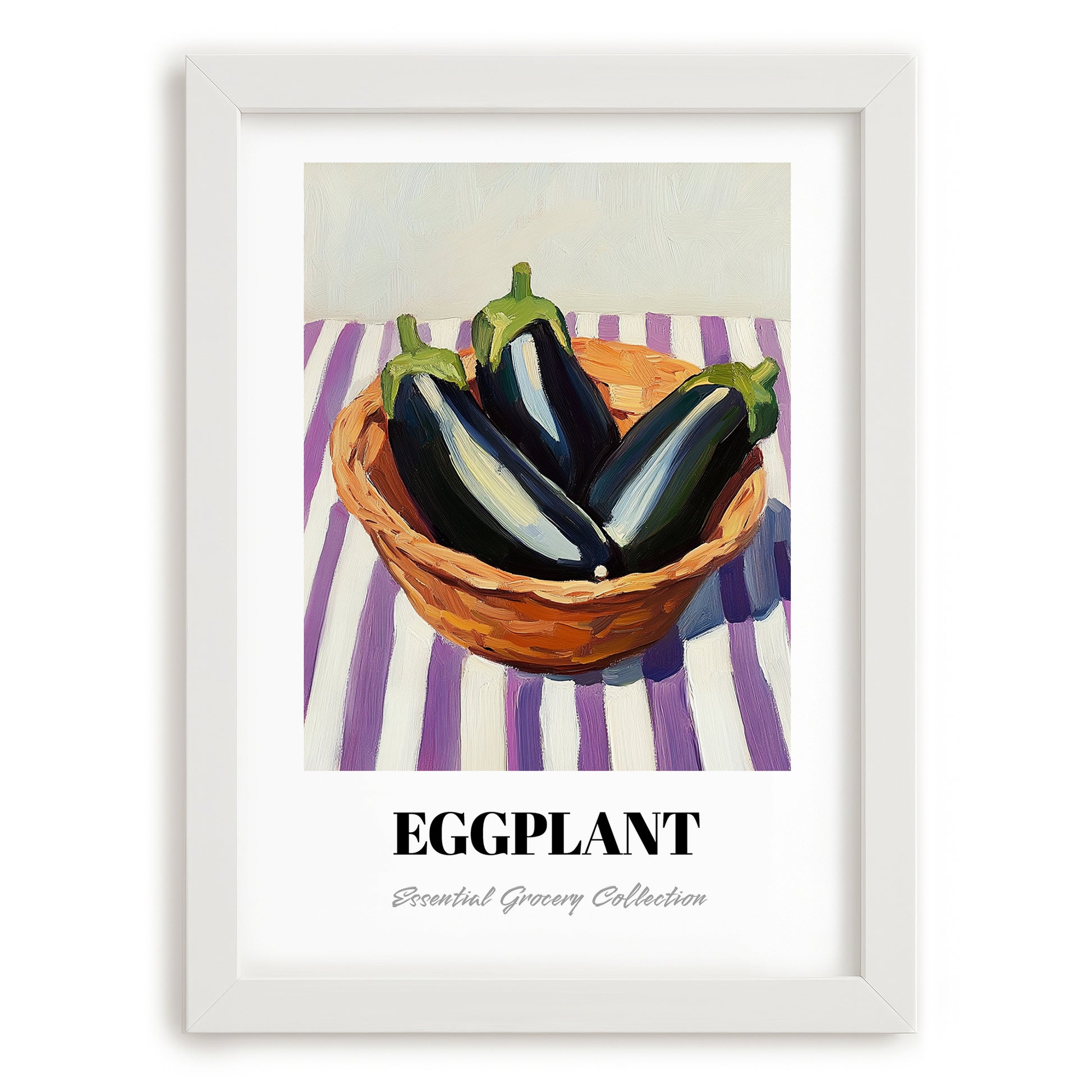 Eggplant – on Striped Tablecloth, Vegetable Art, placed in minimal white frame