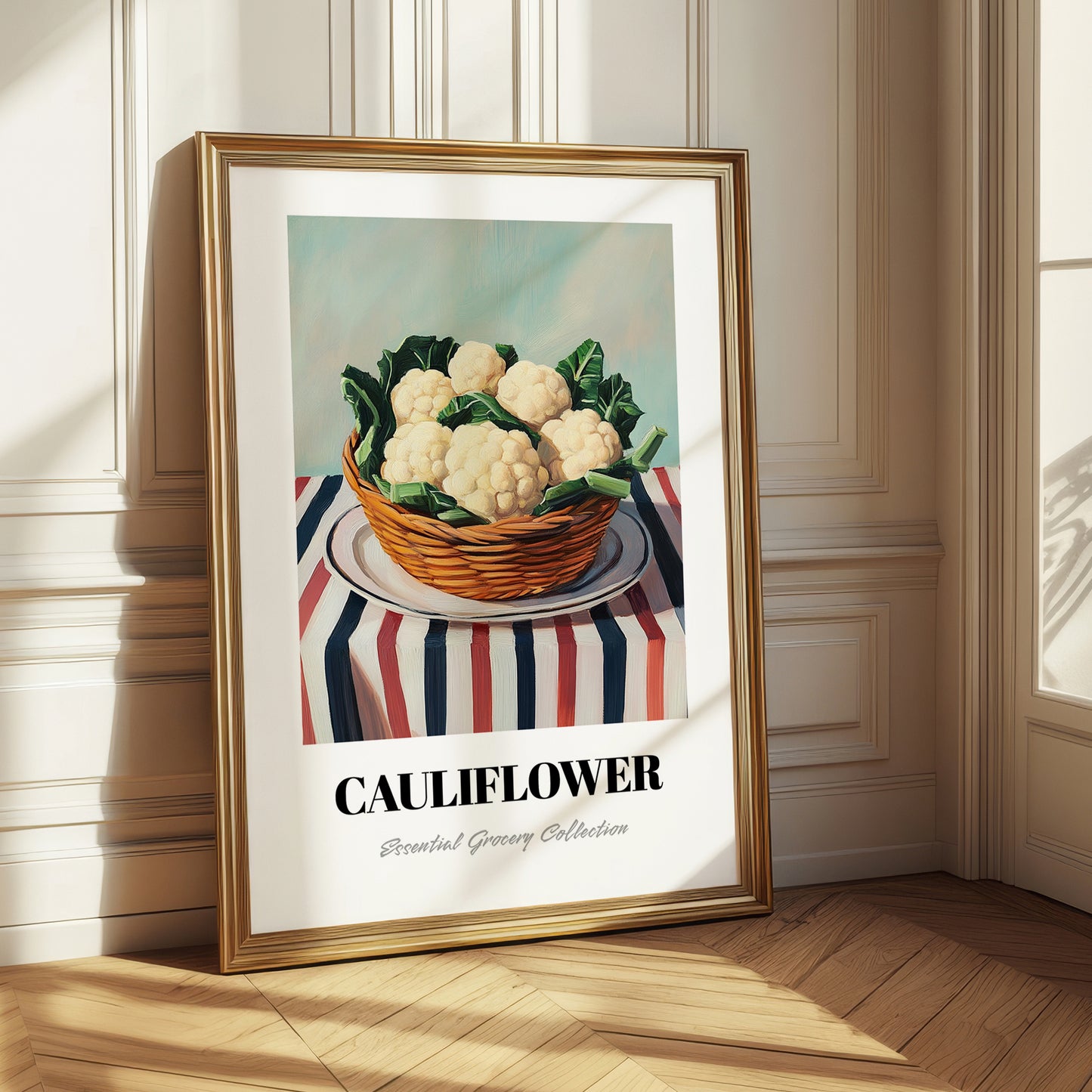 Cauliflower – on Striped Tablecloth, Vegetable Print