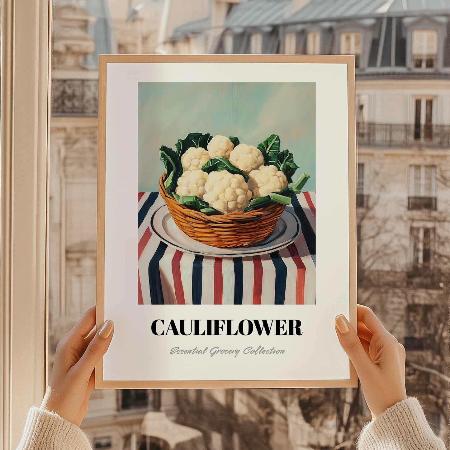 Cauliflower – on Striped Tablecloth, Vegetable Print, styled in a charming Paris street view