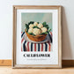 Cauliflower – on Striped Tablecloth, Vegetable Print, in wooden frame leaning on the floor