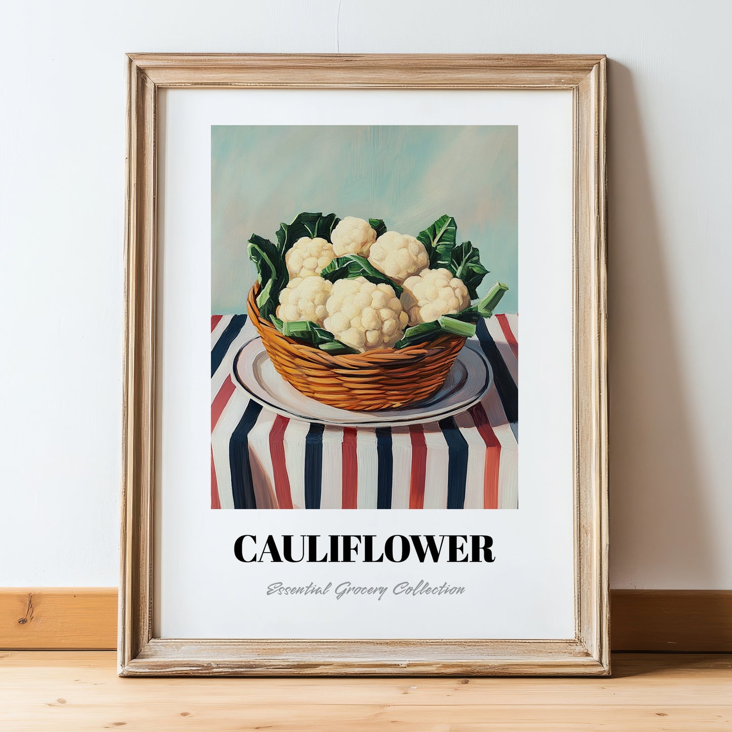 Cauliflower – on Striped Tablecloth, Vegetable Print, in wooden frame leaning on the floor