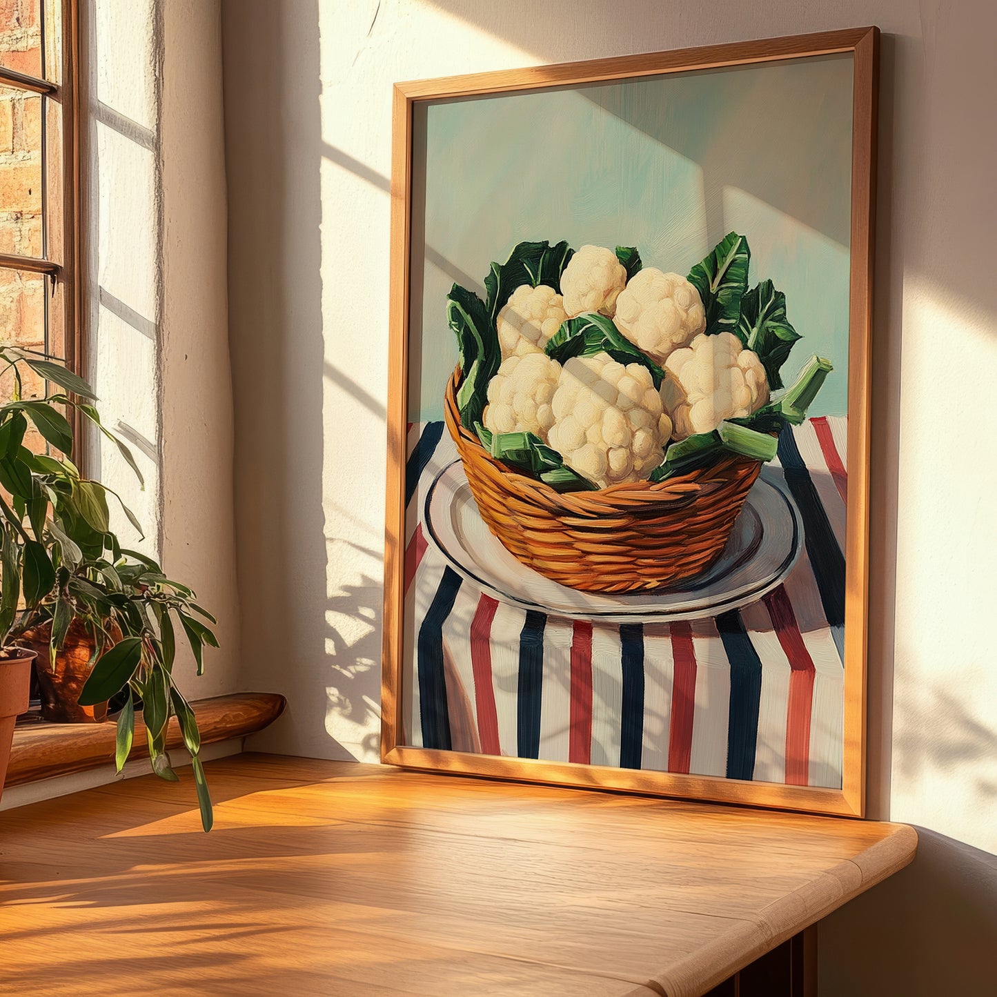 Cauliflower – on Striped Tablecloth, Vegetable Print, clean layout with no caption