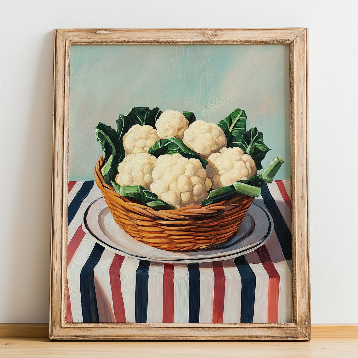 Cauliflower – on Striped Tablecloth, Vegetable Print, no-text version framed in wood