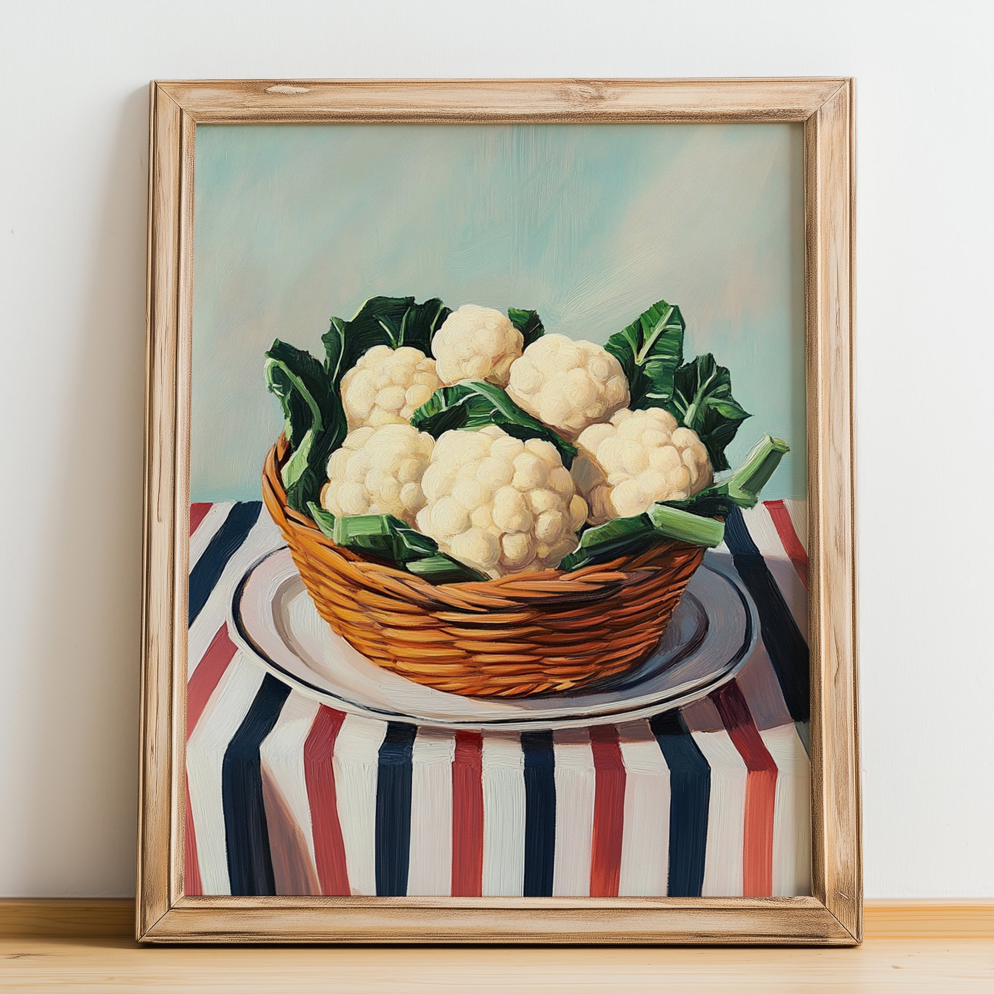 Cauliflower – on Striped Tablecloth, Vegetable Print, no-text version framed in wood