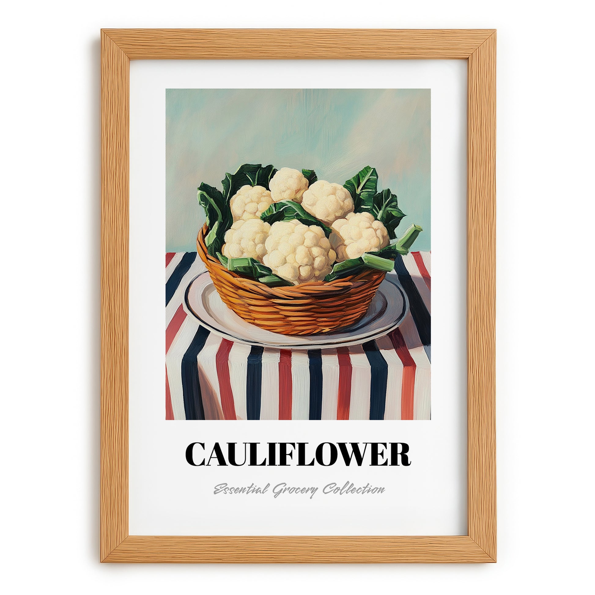 Cauliflower – on Striped Tablecloth, Vegetable Print, set in oak frame