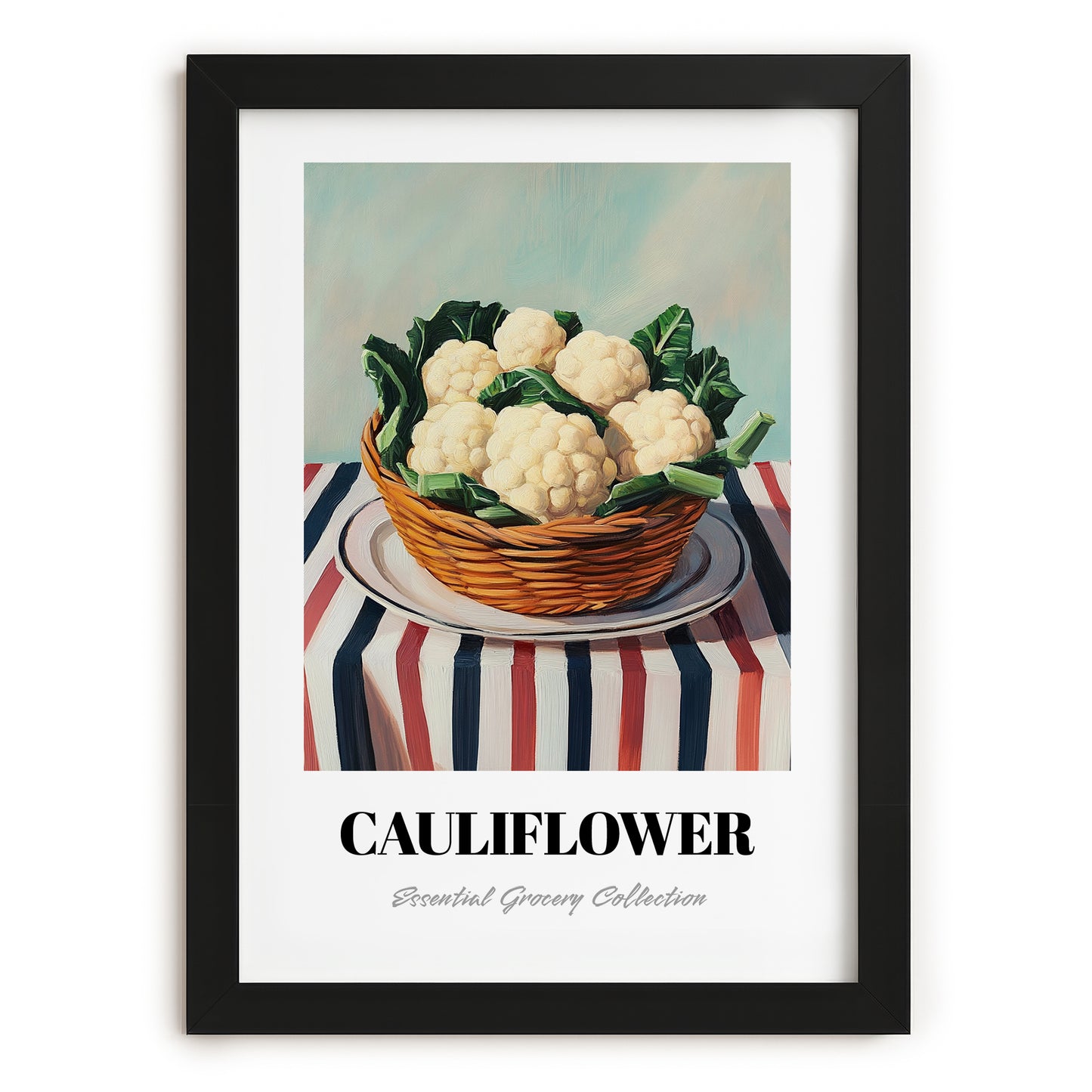 Cauliflower – on Striped Tablecloth, Vegetable Print, in sleek black frame