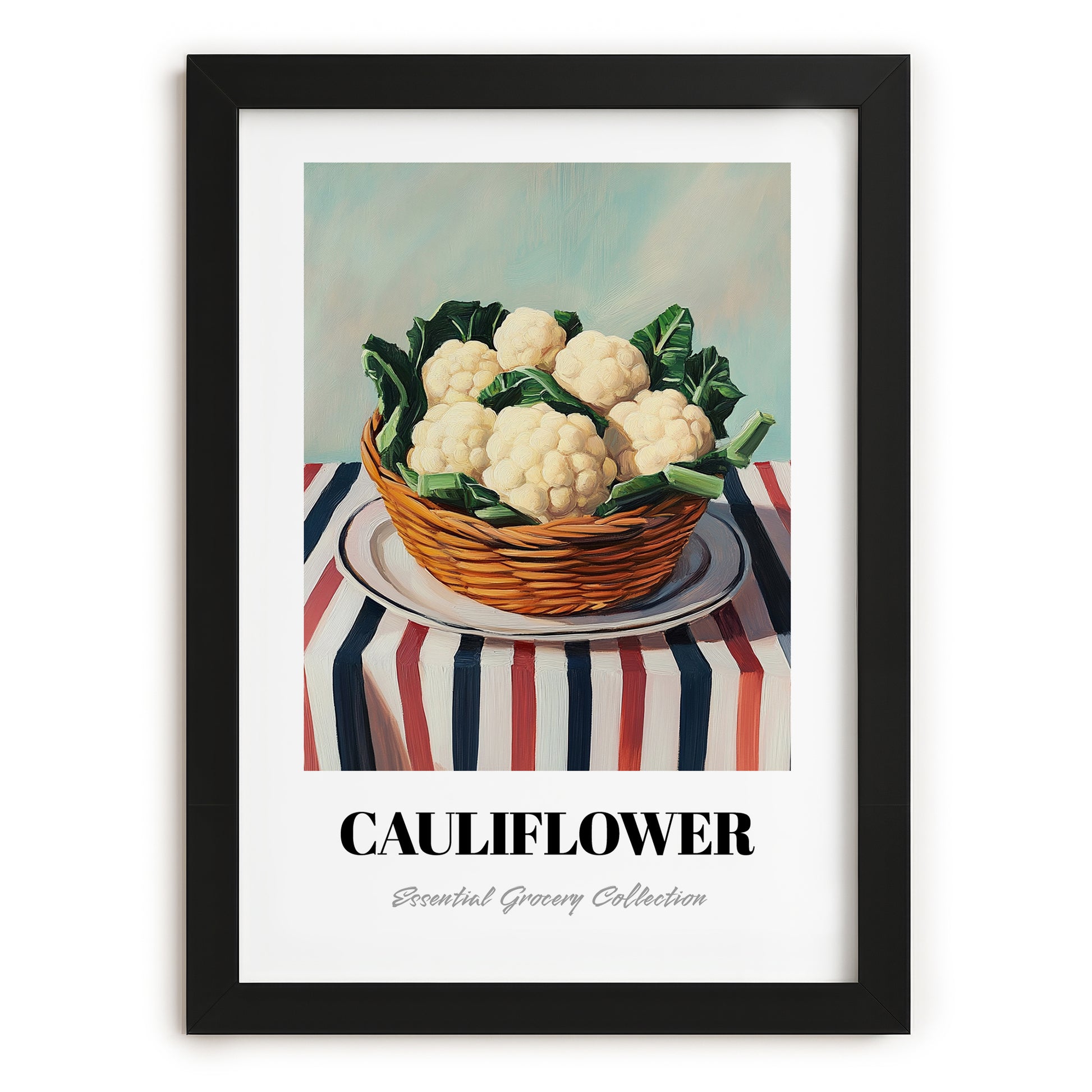 Cauliflower – on Striped Tablecloth, Vegetable Print, in sleek black frame