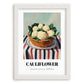 Cauliflower – on Striped Tablecloth, Vegetable Print, placed in minimal white frame
