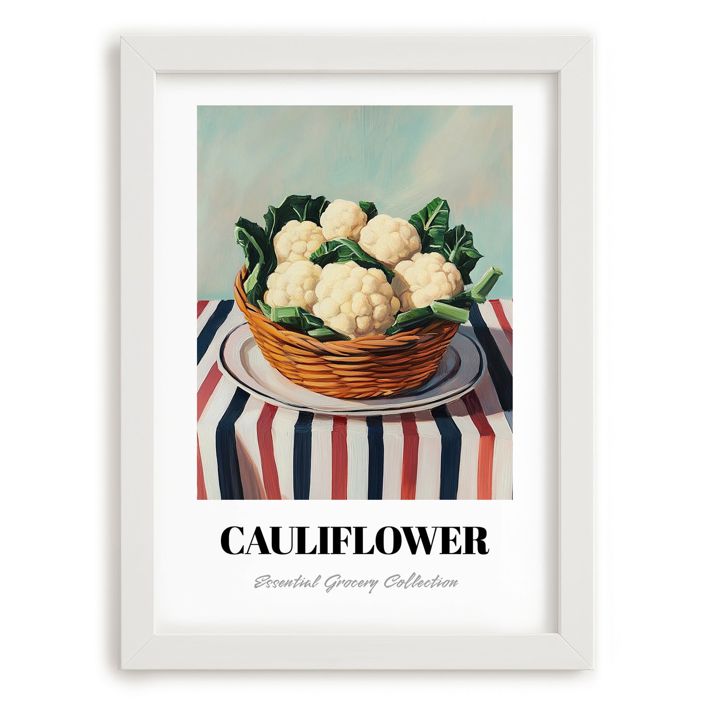 Cauliflower – on Striped Tablecloth, Vegetable Print, placed in minimal white frame