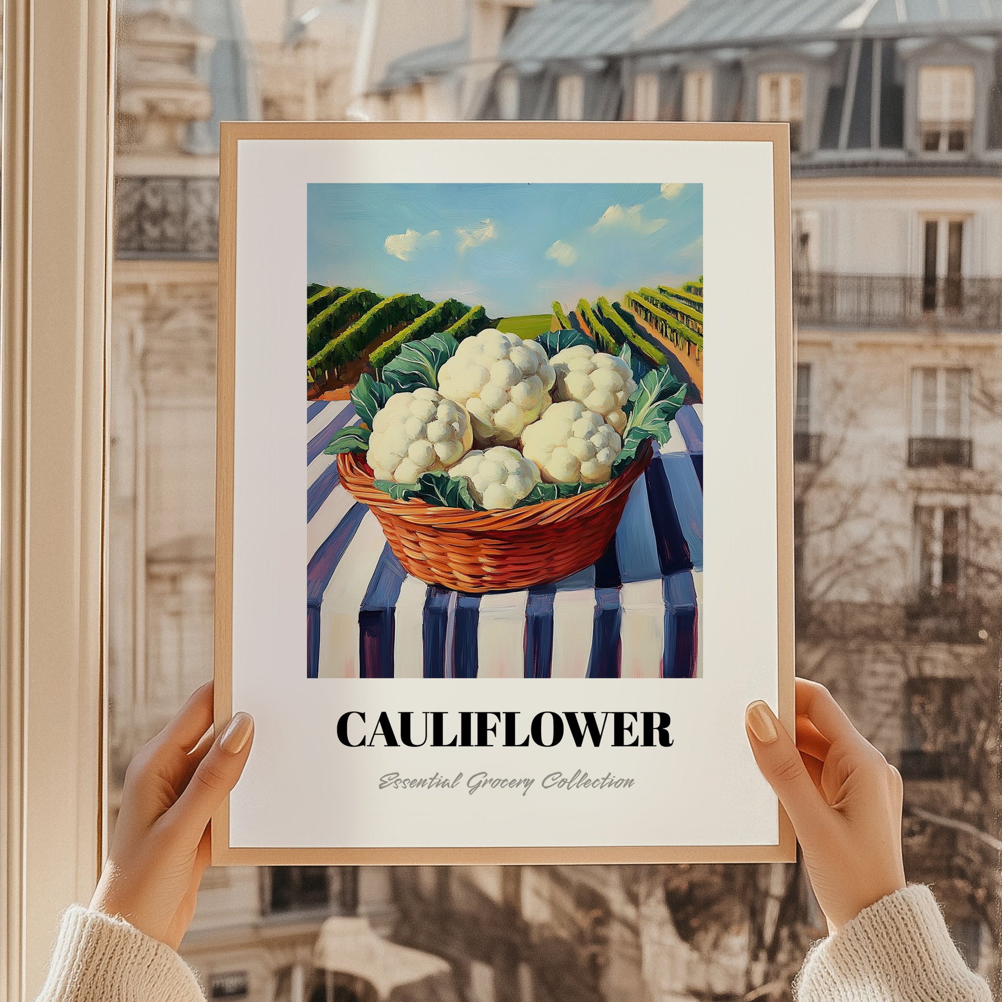Cauliflower – Green Valley Landscape, Vegetable Illustration, styled in a charming Paris street view