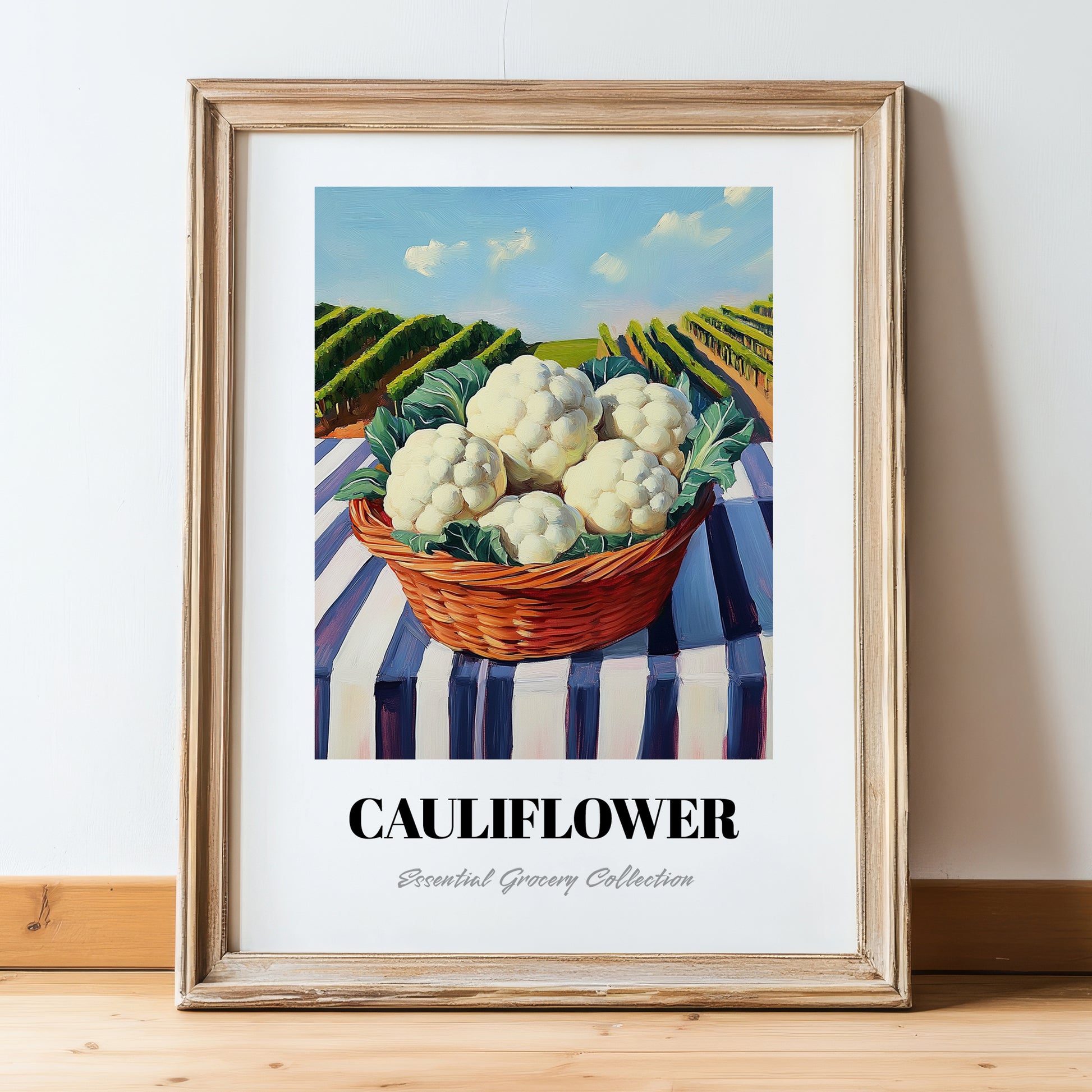 Cauliflower – Green Valley Landscape, Vegetable Illustration, in wooden frame leaning on the floor