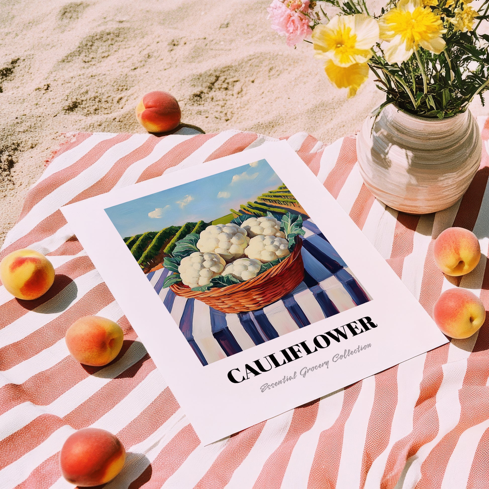Cauliflower – Green Valley Landscape, Vegetable Illustration, unframed on coastal sand